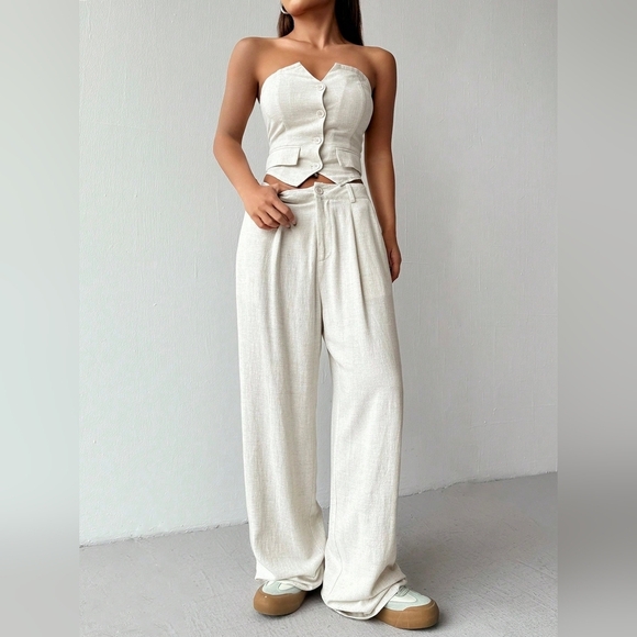Ladies' Linen Simple Solid Color Tube Top And Long Pants Two-Piece Set - Picture 5 of 7